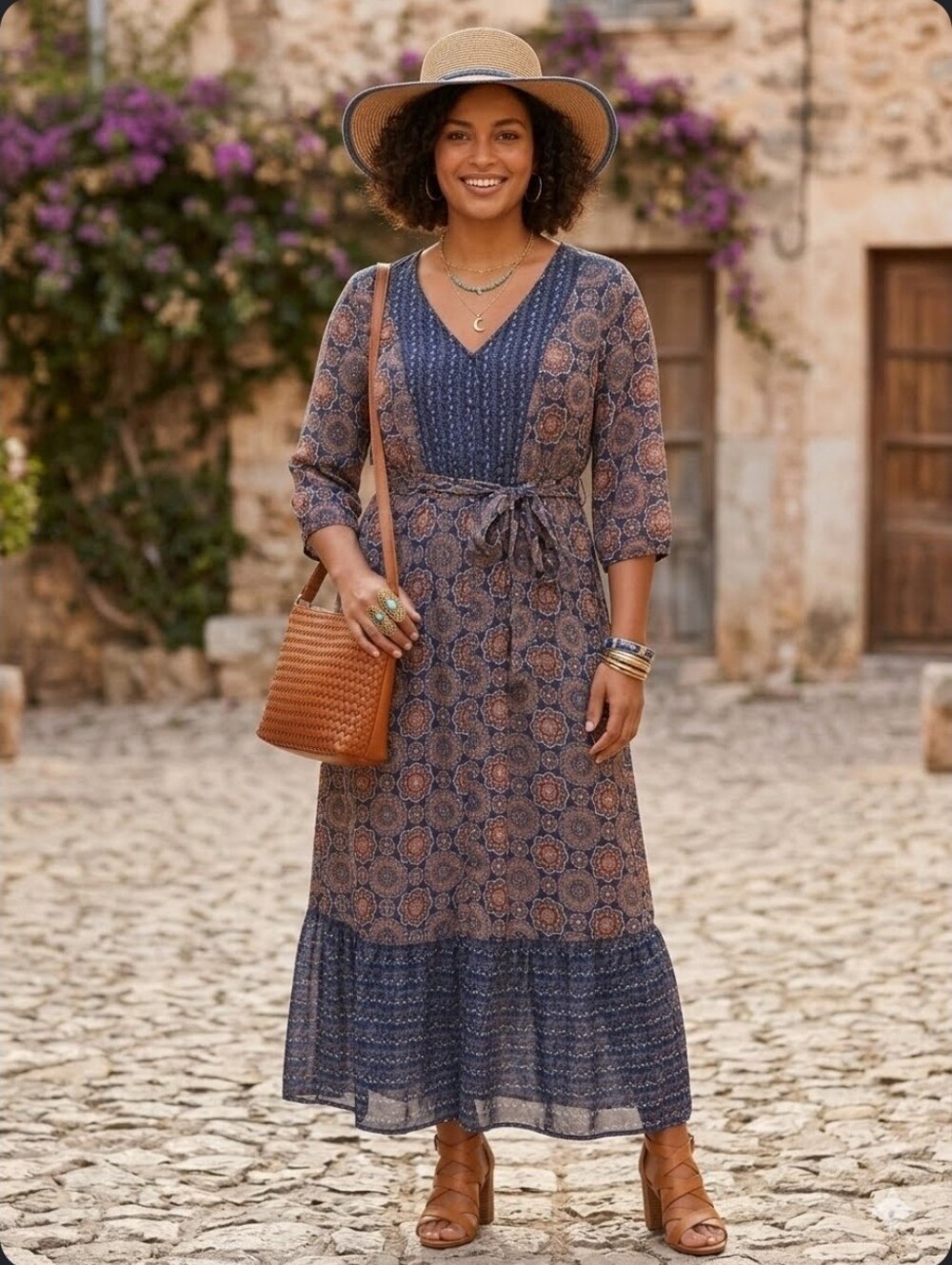 Women's abstract design maxi length blue v-neck tie waist 3/4 sleeved dress 2X